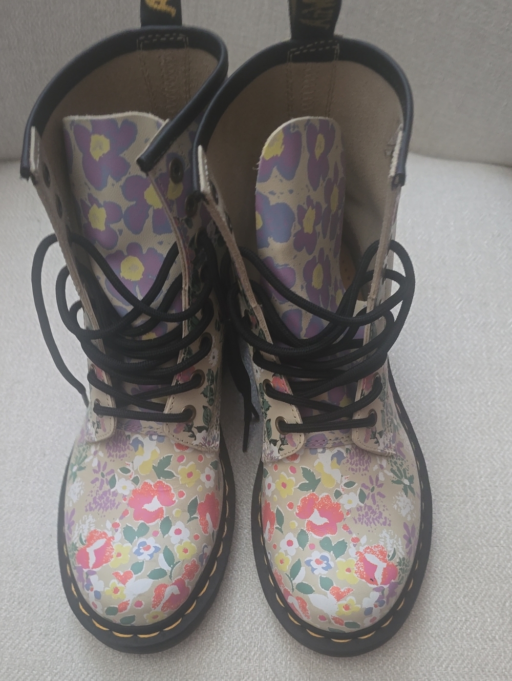 Floral Lace-Up Combat Boots - Women's Ivory Multicolor